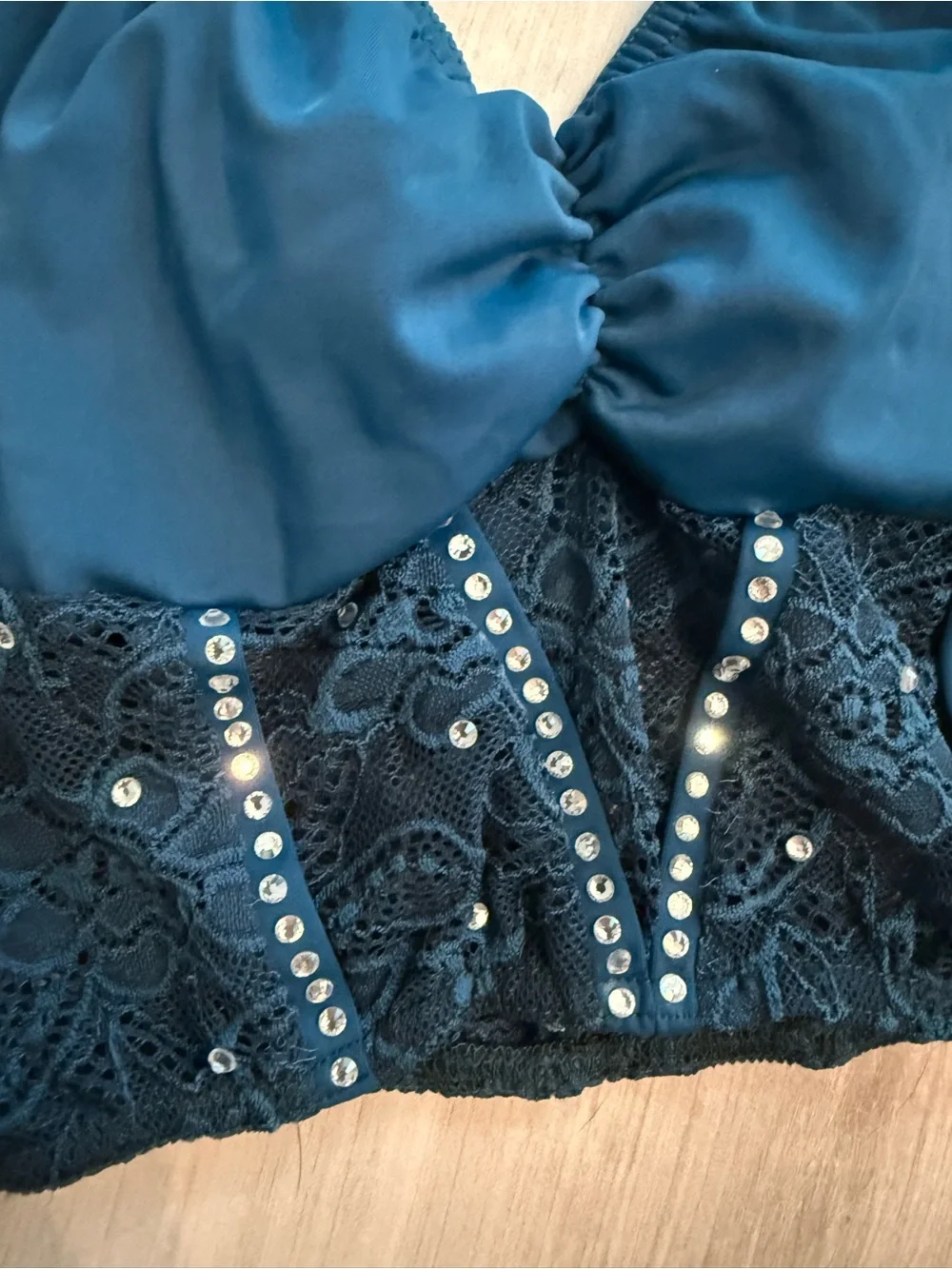 Teal Two-Piece Dance Costume Set with Lace & Rhinestones